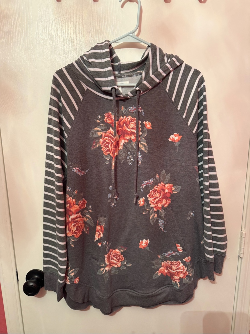 Maurices Charcoal Hoodie with Pink Floral Print and Striped Sleeves